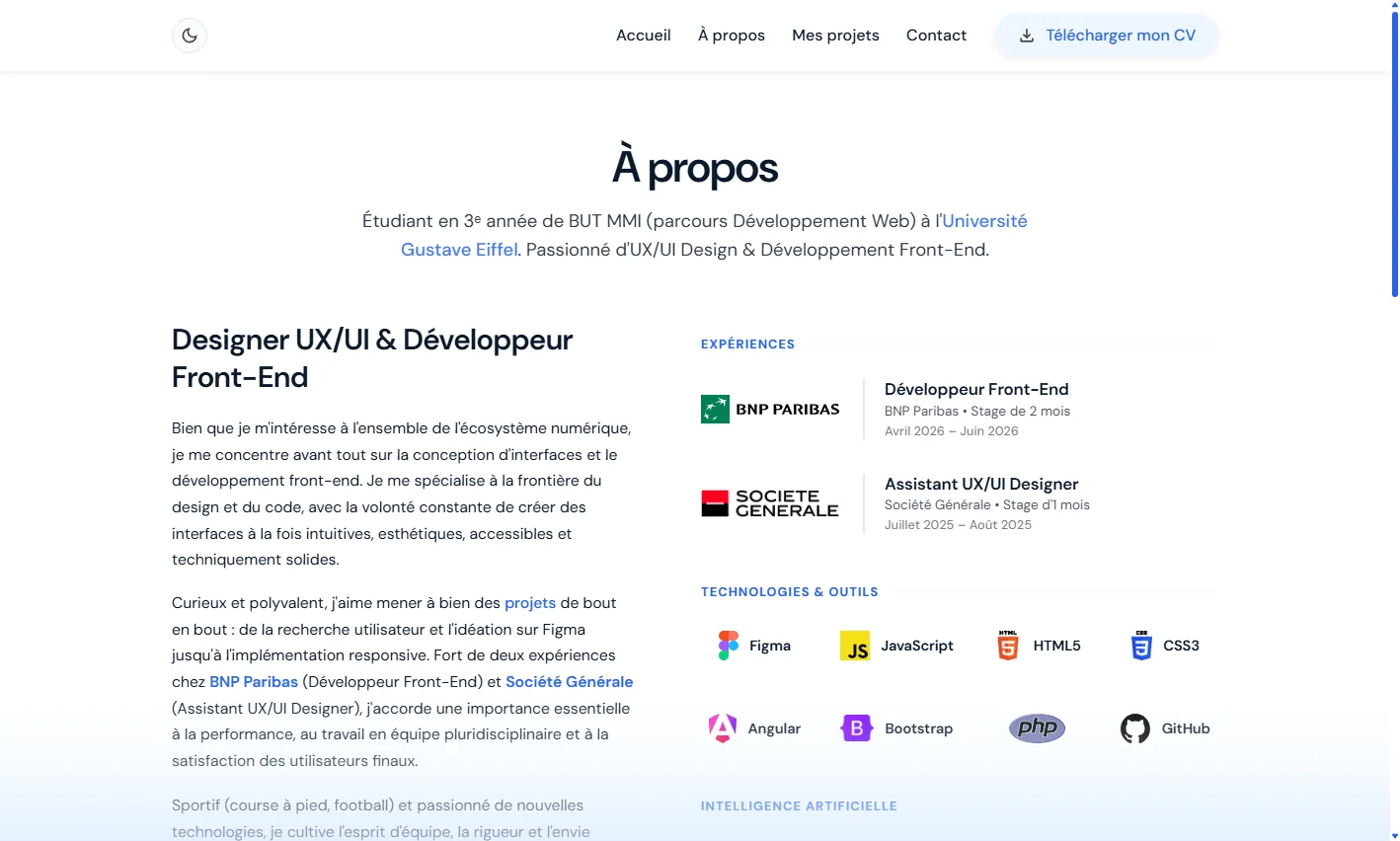 Aperçu du portfolio en mode clair